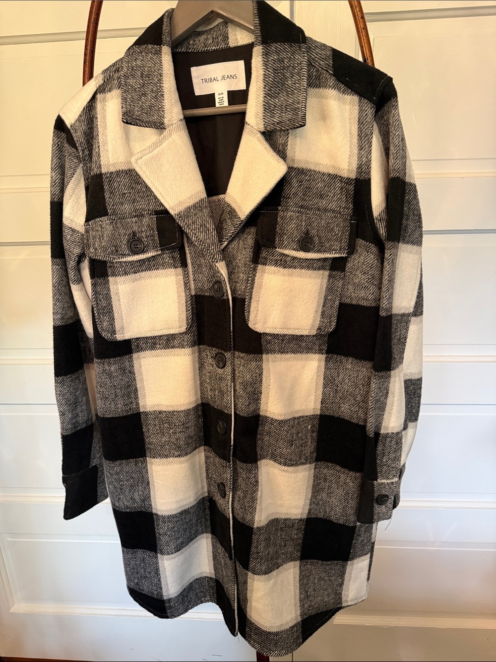 Tribal Jeans Buffalo Plaid Longline Cozy Shacket Coat Black White M